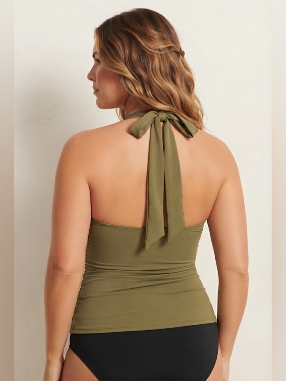 DKNY Olive Green Ruched Halter Tankini Top Women's Size M Swim NWT - Picture 2 of 5